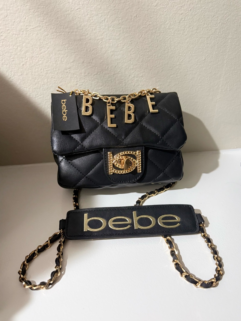 bebe Black Quilted Crossbody with Gold Logo Chain